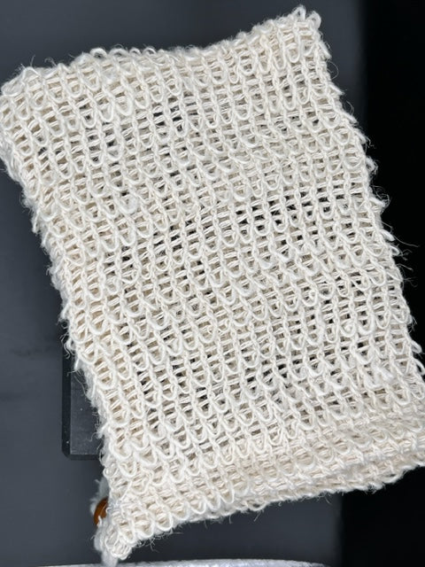 Picture of cream mesh soap saver bag. 100% natural Sisal reusable soap pouch to save soap bars.